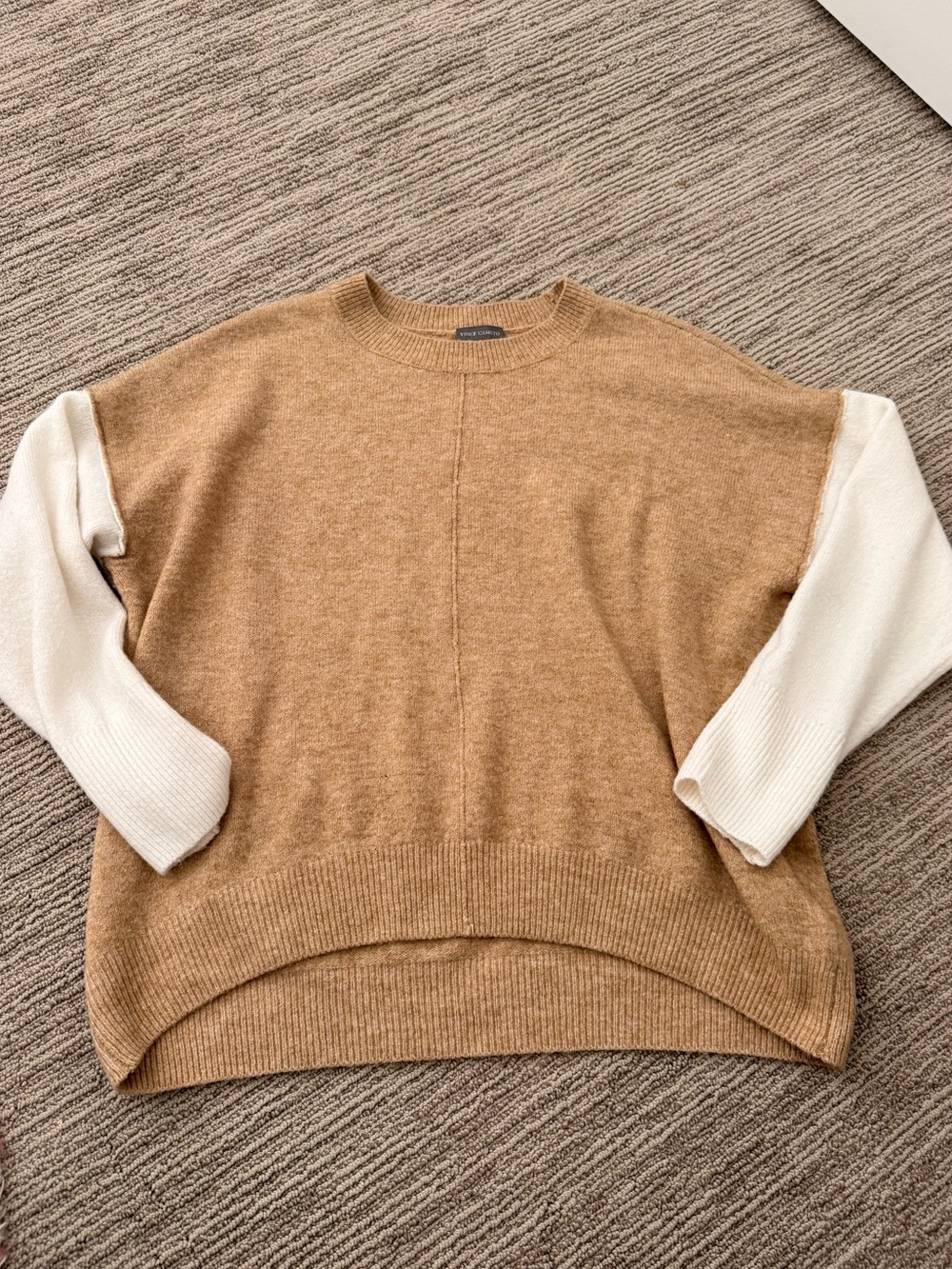 Vince Camuto Camel Body with Cream Sleeves Crewneck Sweater